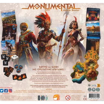 Verso boîte de l'extension Monumental African Empires pour le jeu de société Monumental