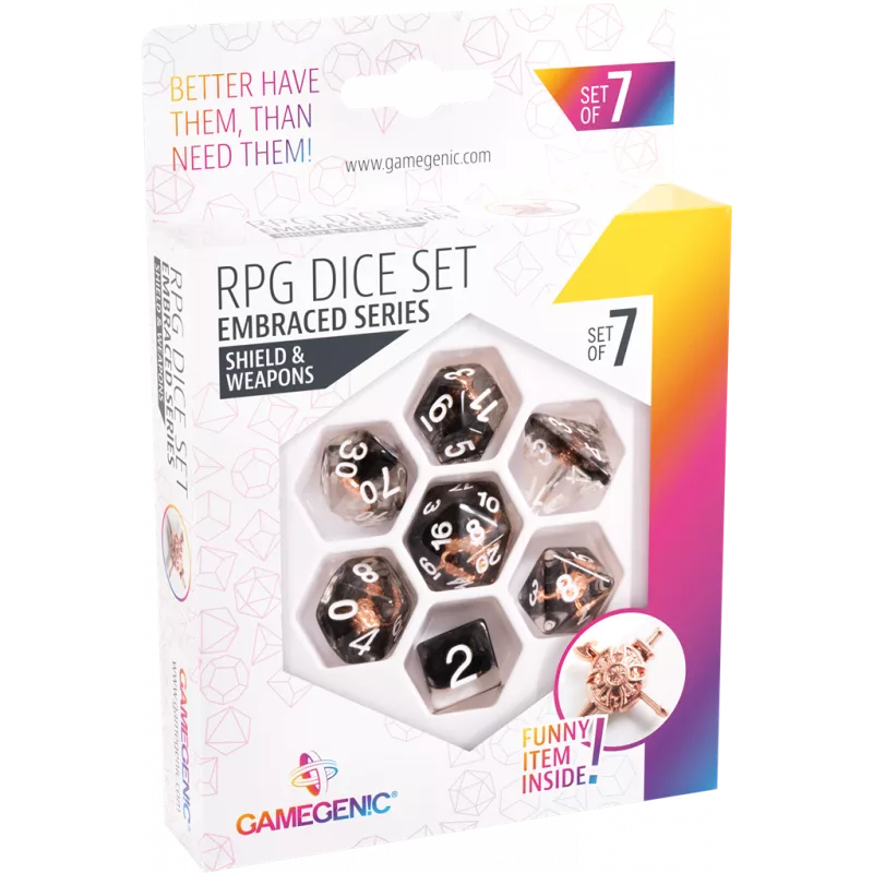 Lot de 7 Dés pour jeux de rôle. Incrustés Shield & Weapons