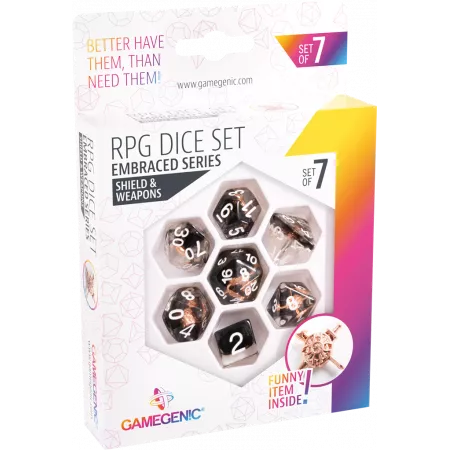 Lot de 7 Dés pour jeux de rôle. Incrustés Shield & Weapons